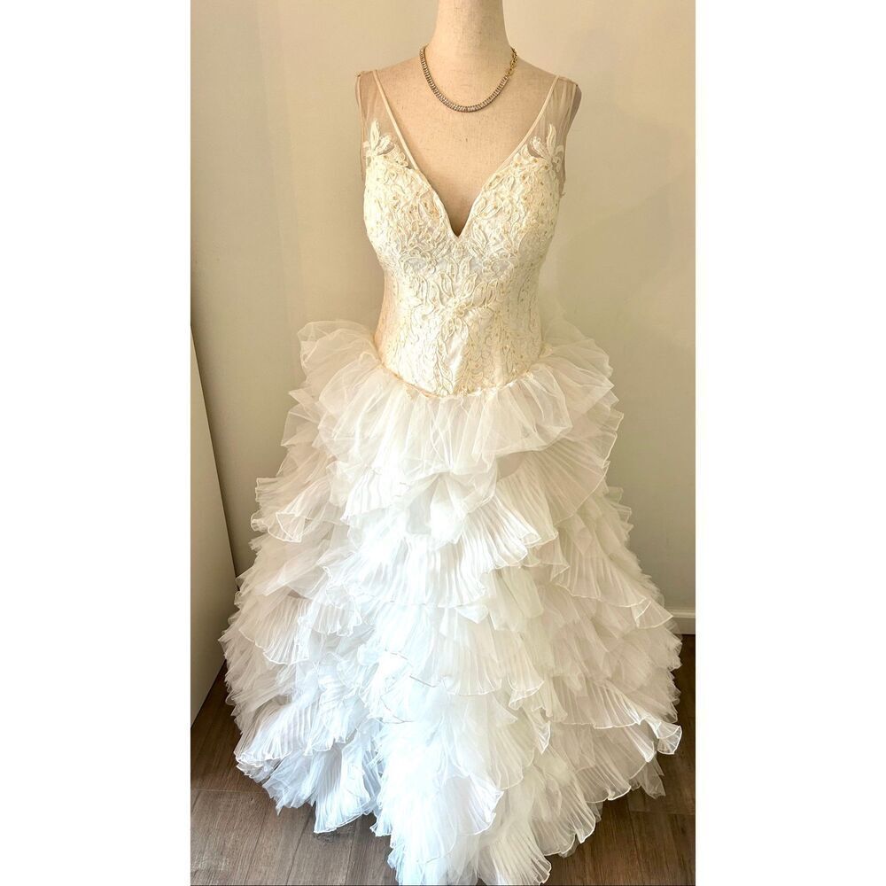 Galine signature Plunging V-Neck Wedding Gown ruffles with train puffy size 6